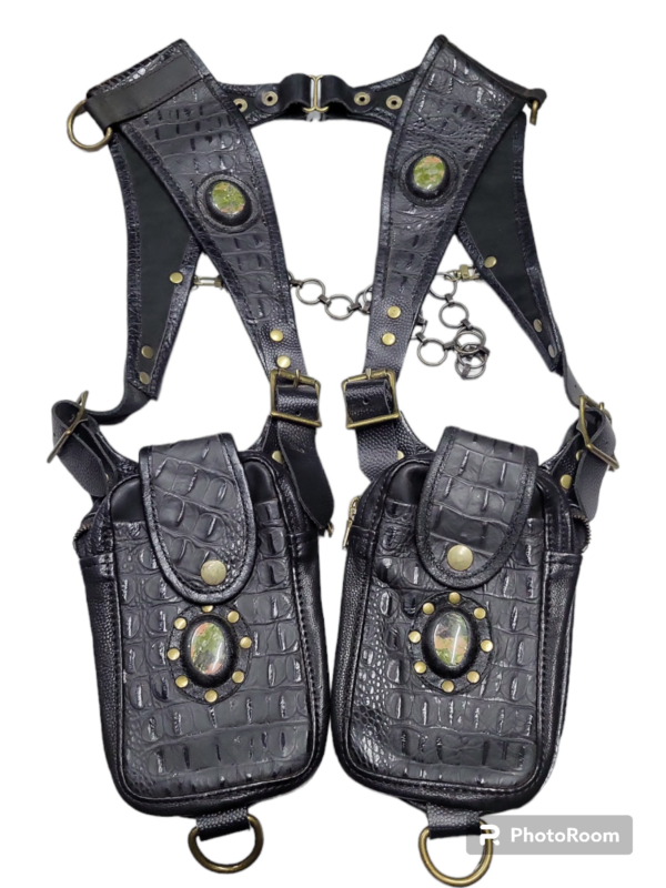 Black Gator Leather . stone green agates. Antique brass hardware2