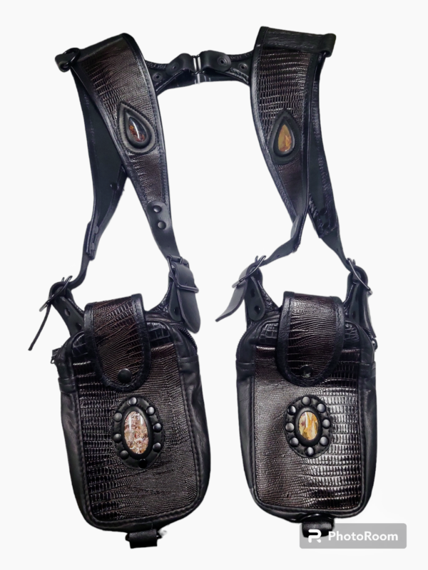 Dark brown lizard leather with black trim on the straps Stones are palm root