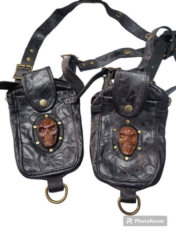 Black Rose print Leather Jasper carved skulls antic brass hardware