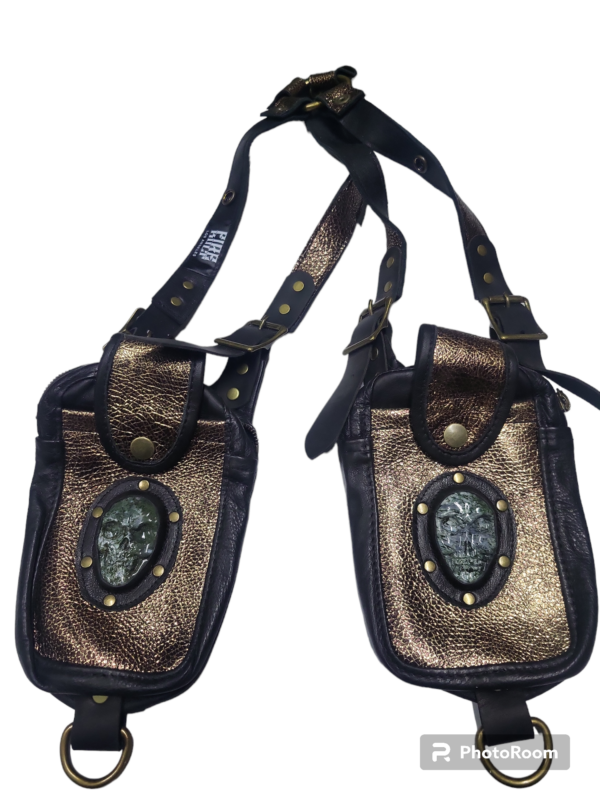 Gold Leather with Black trim Stone are green jasper skulls antic brass hardware