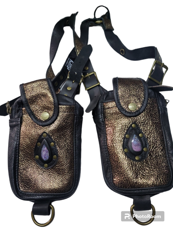 Gold Leather with Black trim Stone are rainbow agate antic brass hardware
