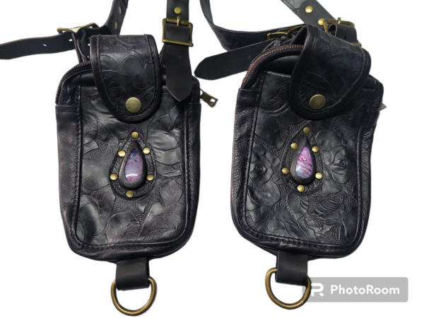 Rose print Black Leather Stone are rainbow agate antic brass hardware